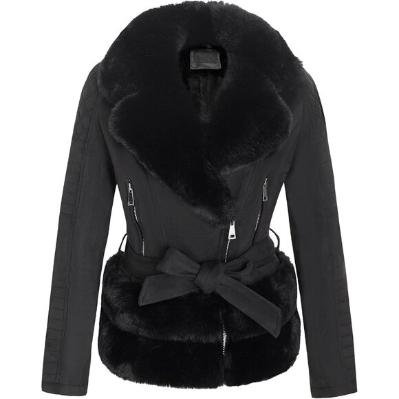 ⚡Women's Black Faux Leather Jacket Moto Biker Lined Coat Removable Fur Collar - Picture 1 of 5